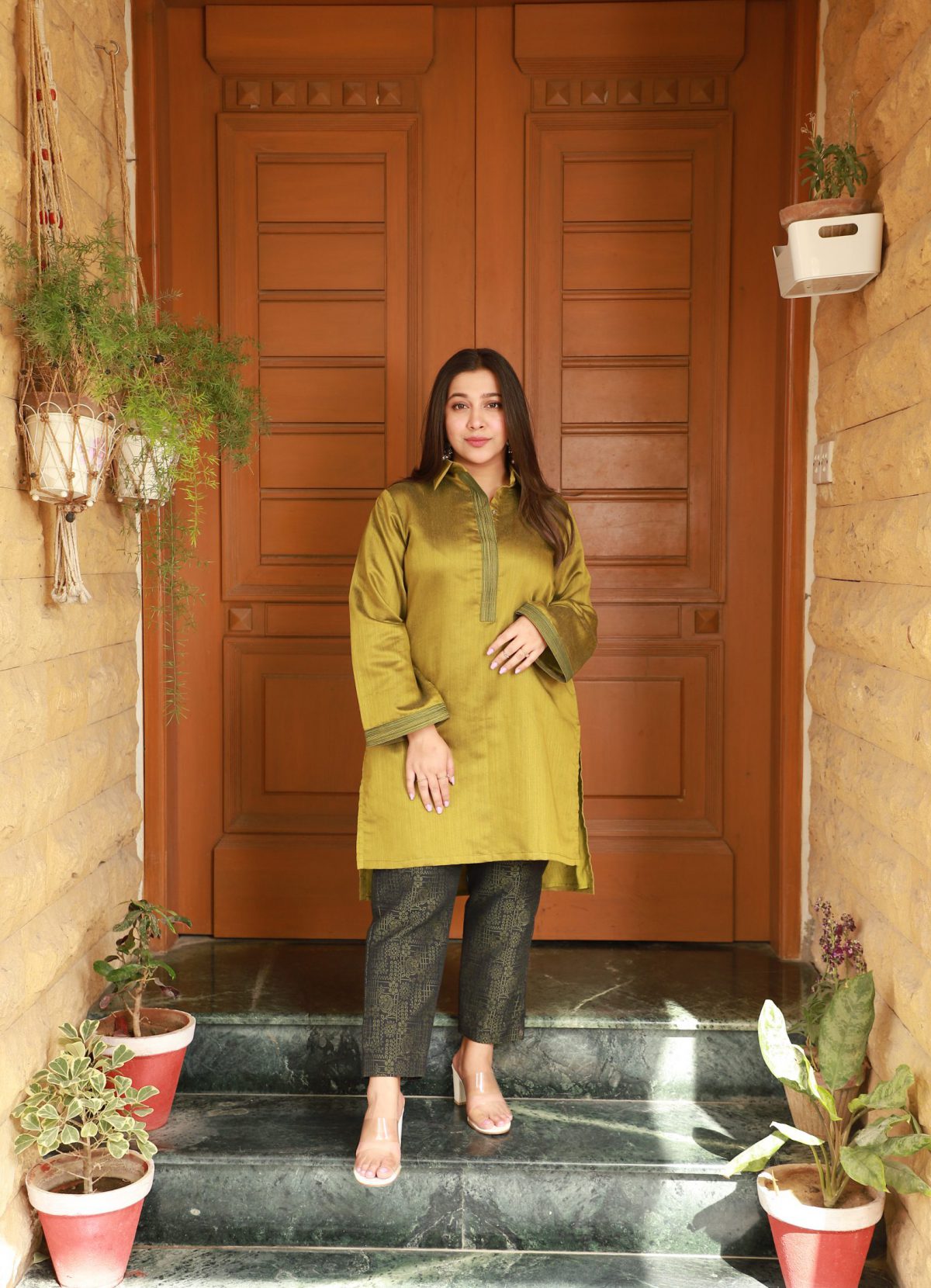 Cut from Bright Yellow Green Cotton Karandi Shirt With combination Of Slim Cotton Jamavar pant Trouser