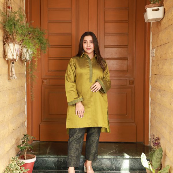Cut from Bright Yellow Green Cotton Karandi Shirt With combination Of Slim Cotton Jamavar pant Trouser
